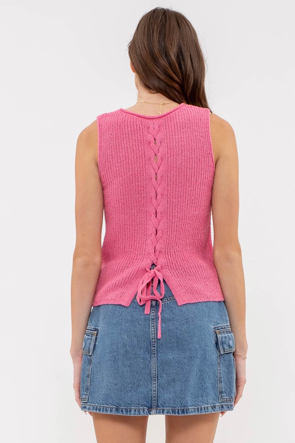 Lace Up Back Sleeveless Knit Top (Pink)