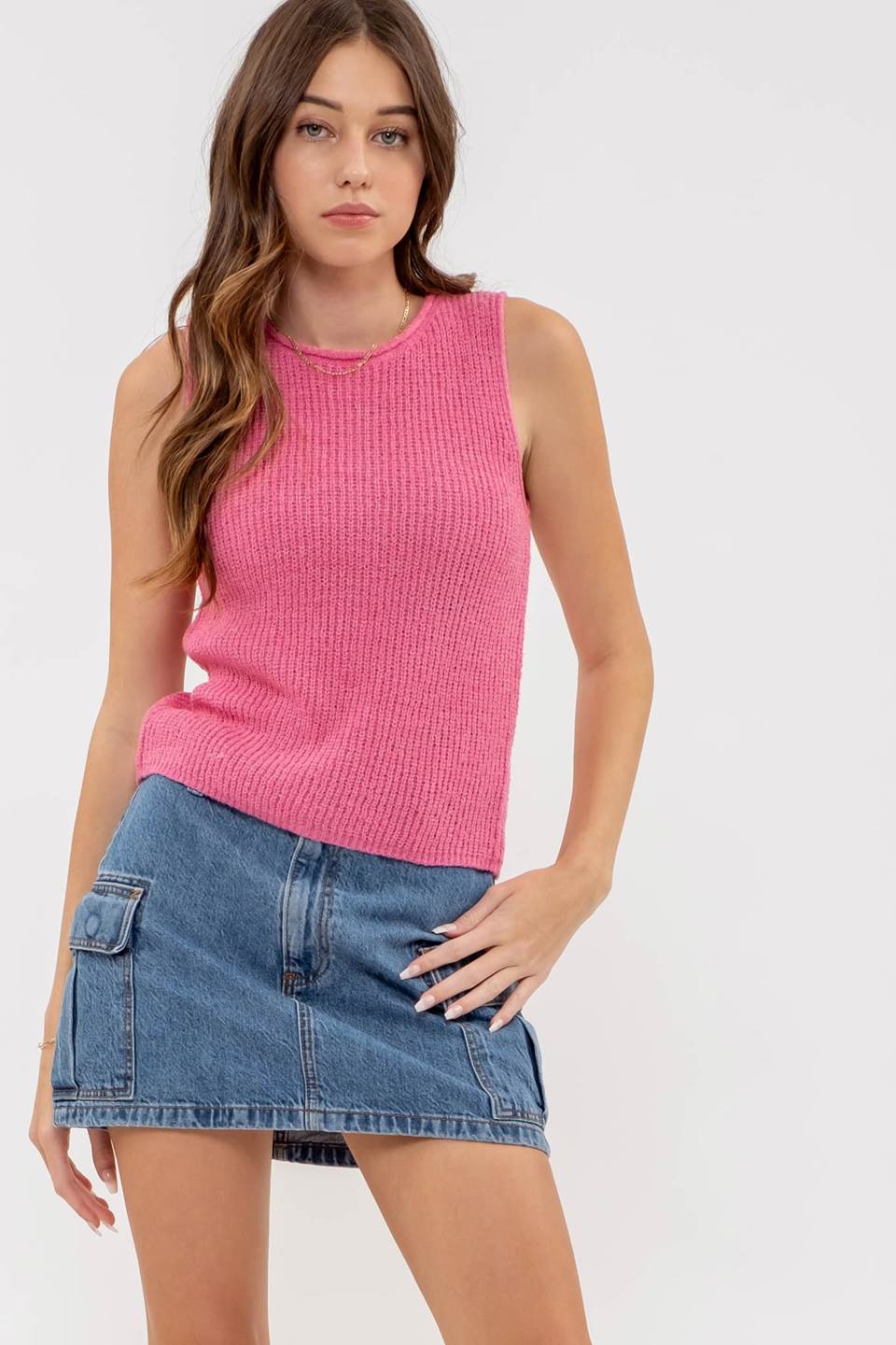 Lace Up Back Sleeveless Knit Top (Pink)