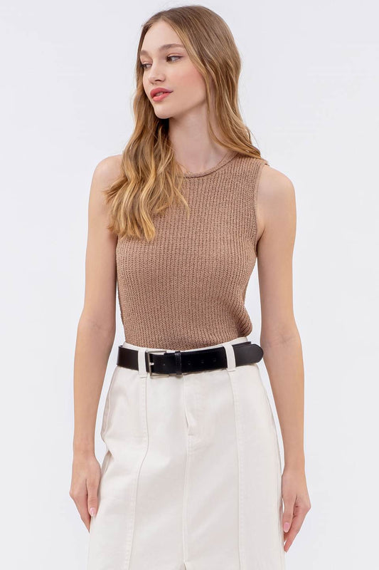 Lace Up Back Sleeveless Knit Top (Tan)