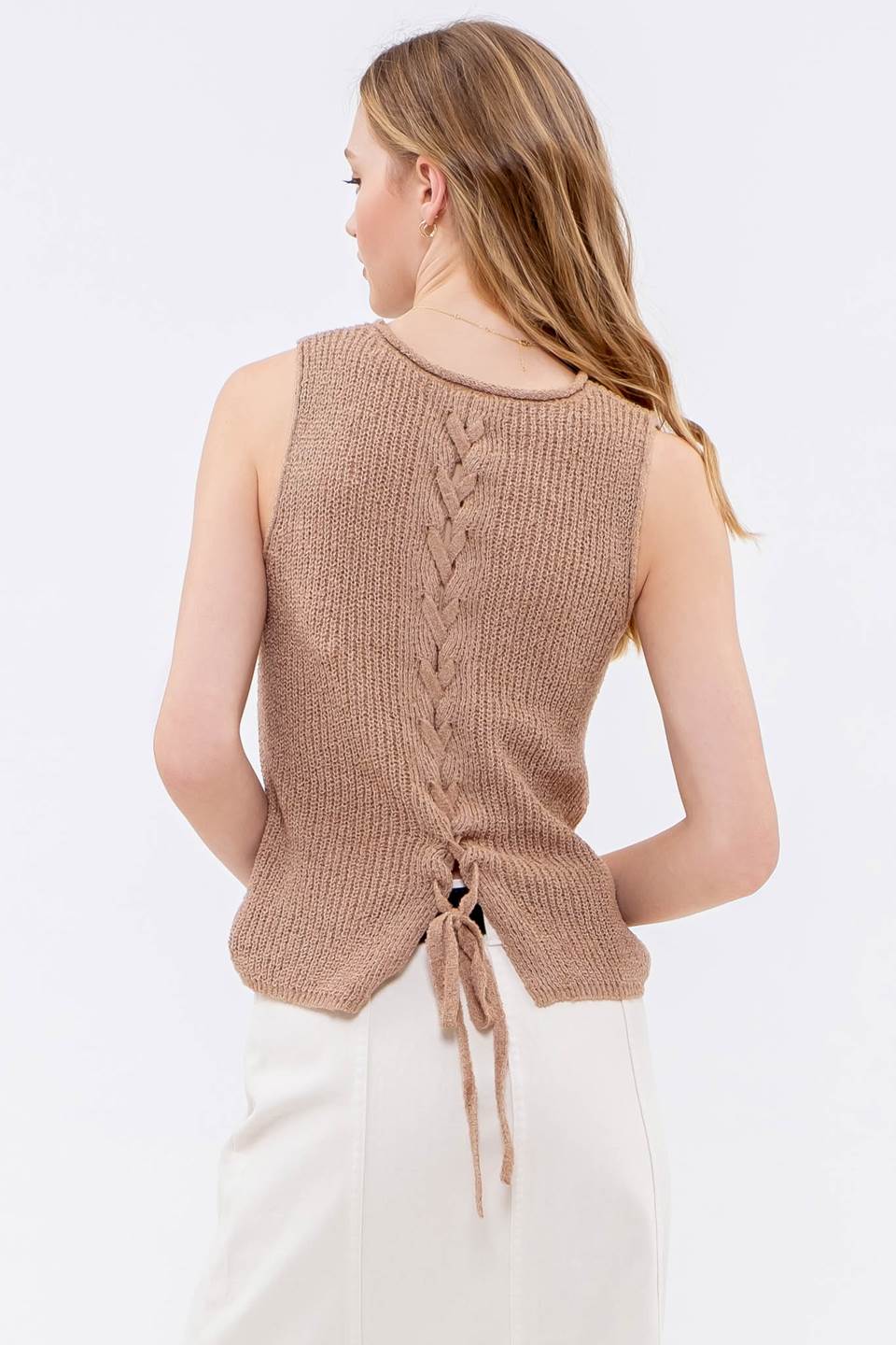 Lace Up Back Sleeveless Knit Top (Tan)