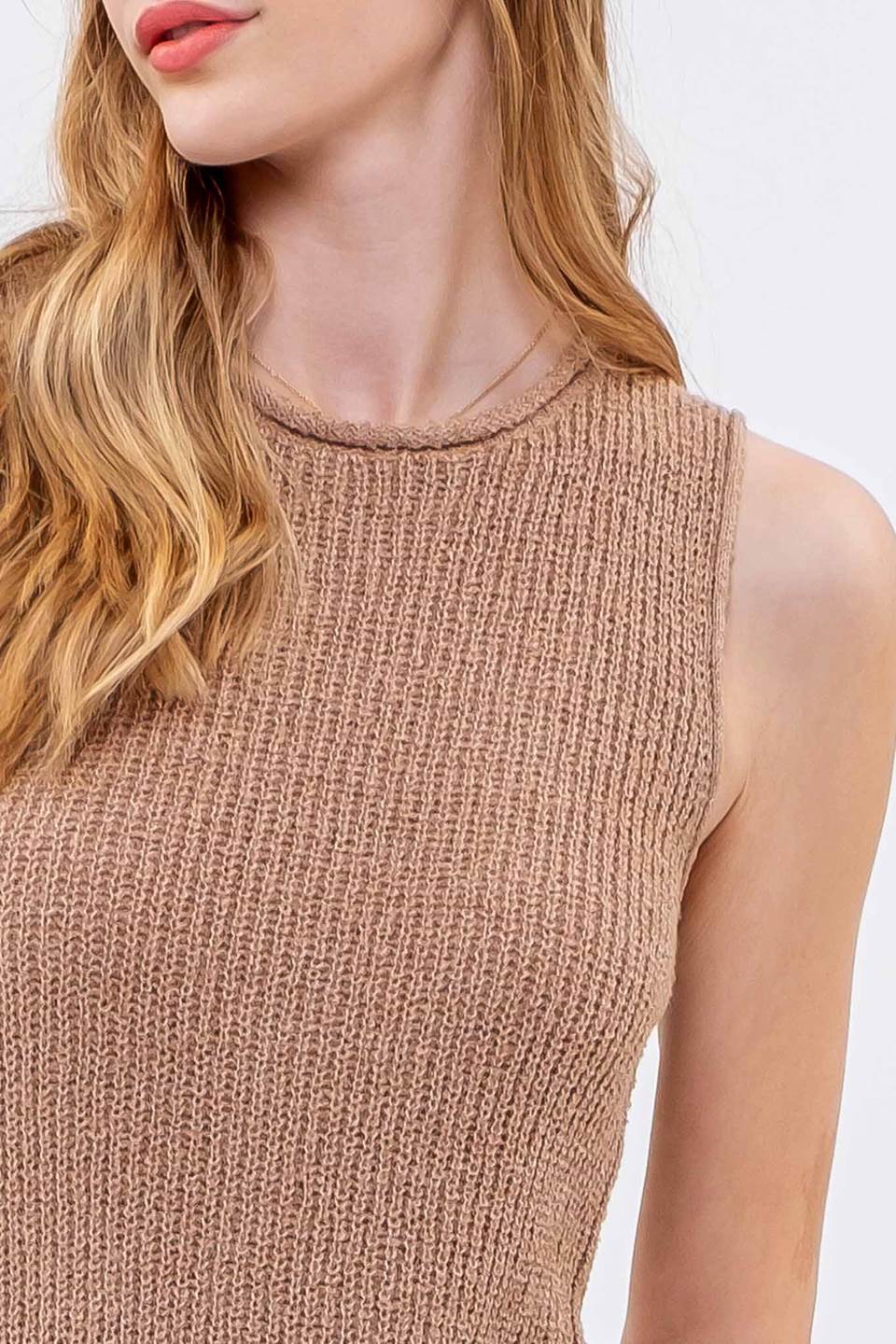 Lace Up Back Sleeveless Knit Top (Tan)