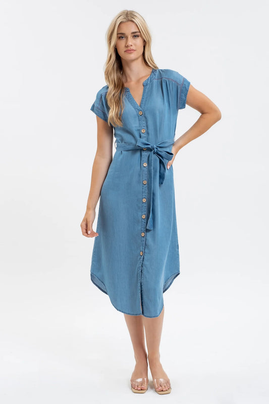 Chambray Button Down Belted Midi Dress