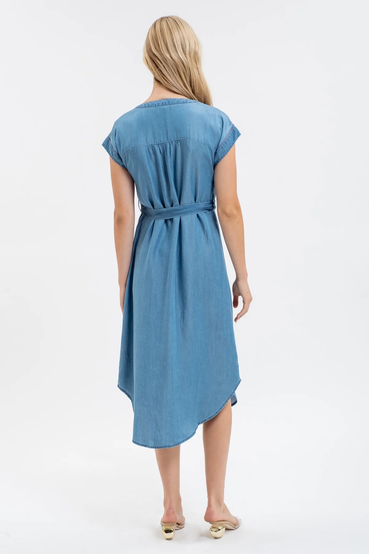 Chambray Button Down Belted Midi Dress