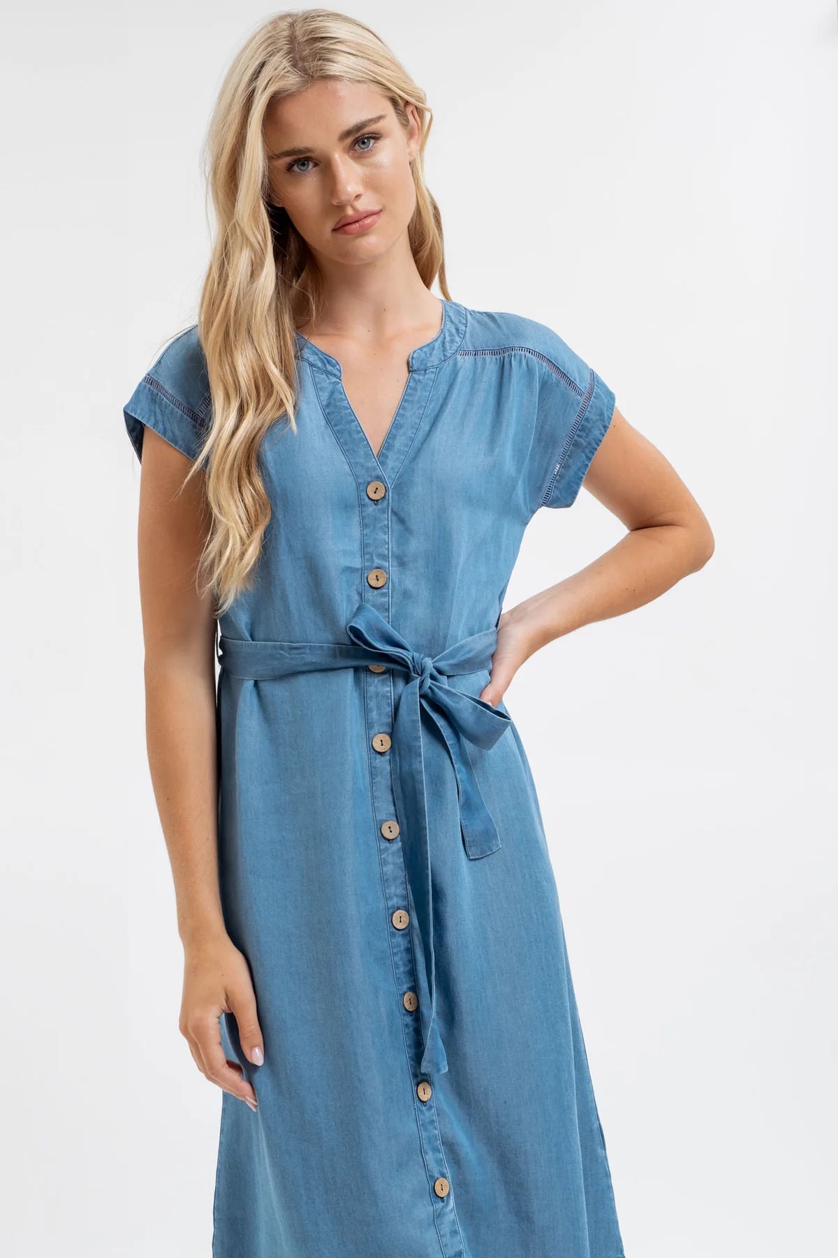 Chambray Button Down Belted Midi Dress