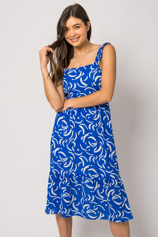 Ruffle Strap Abstract Print Midi Dress