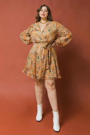 Long Sleeve Floral Print Dress (Plus Size)