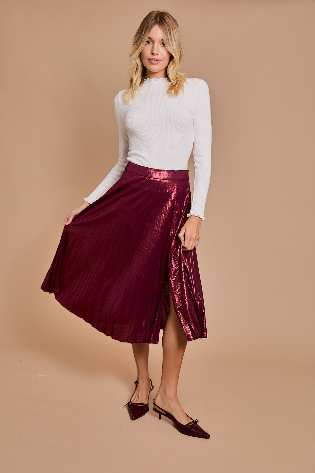 Lurex Pleated Midi Skirt