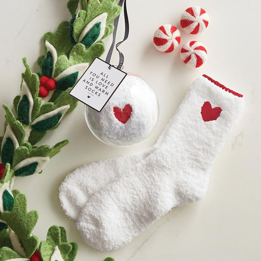 Cozy Socks in Ornament - White w/ Red Heart/Trim