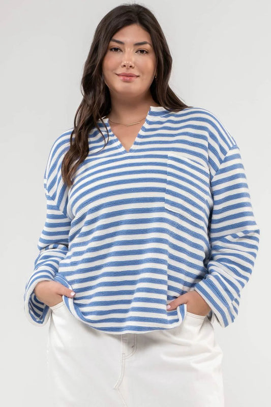 Long Sleeve Back Button Striped Top (Plus Size)