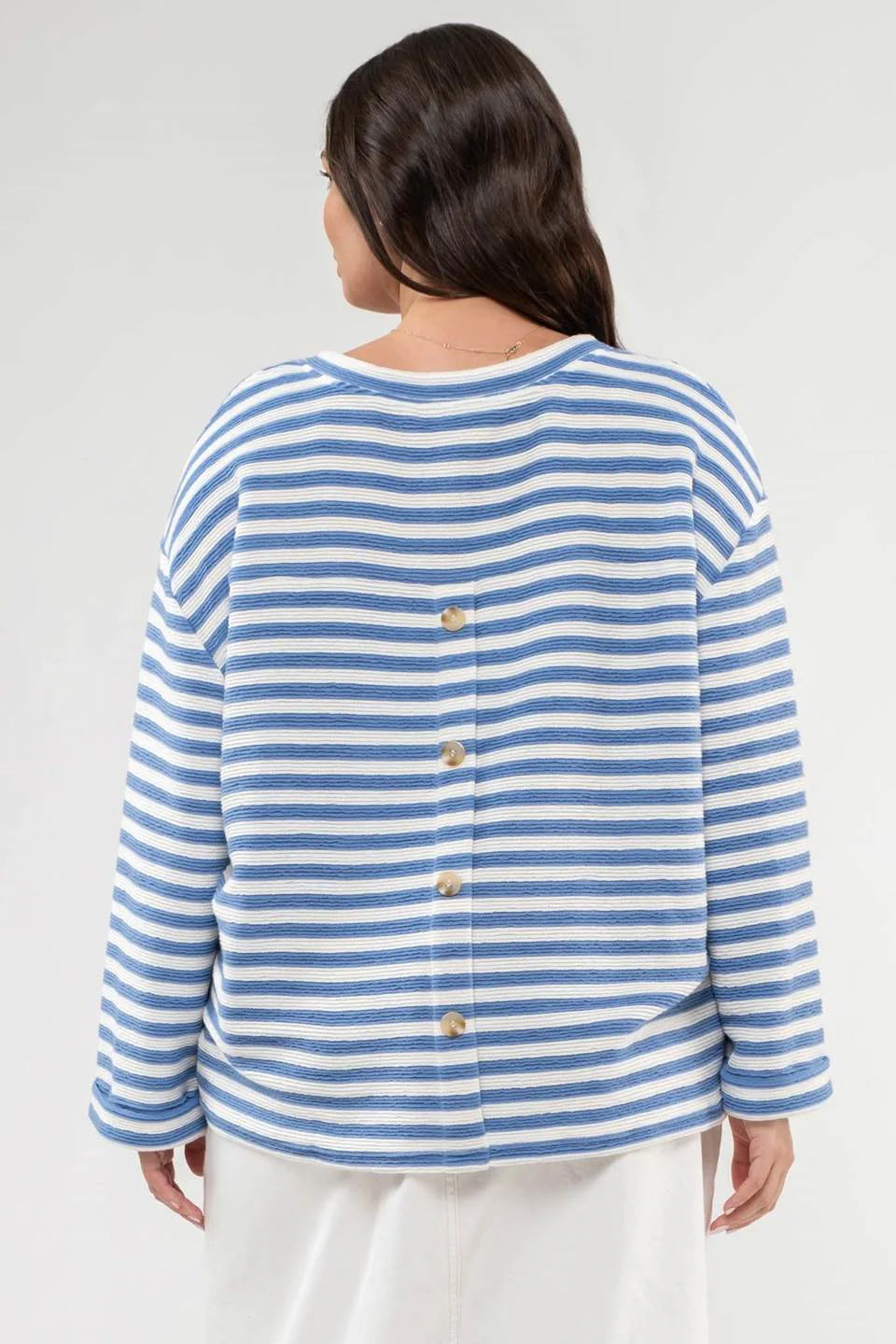 Long Sleeve Back Button Striped Top (Plus Size)