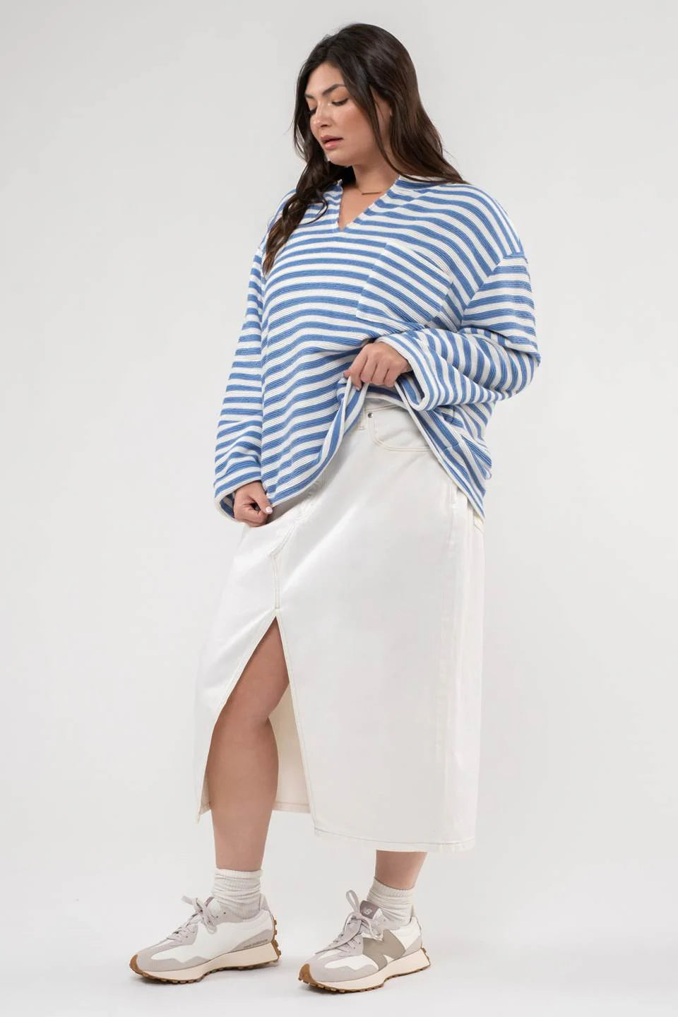 Long Sleeve Back Button Striped Top (Plus Size)