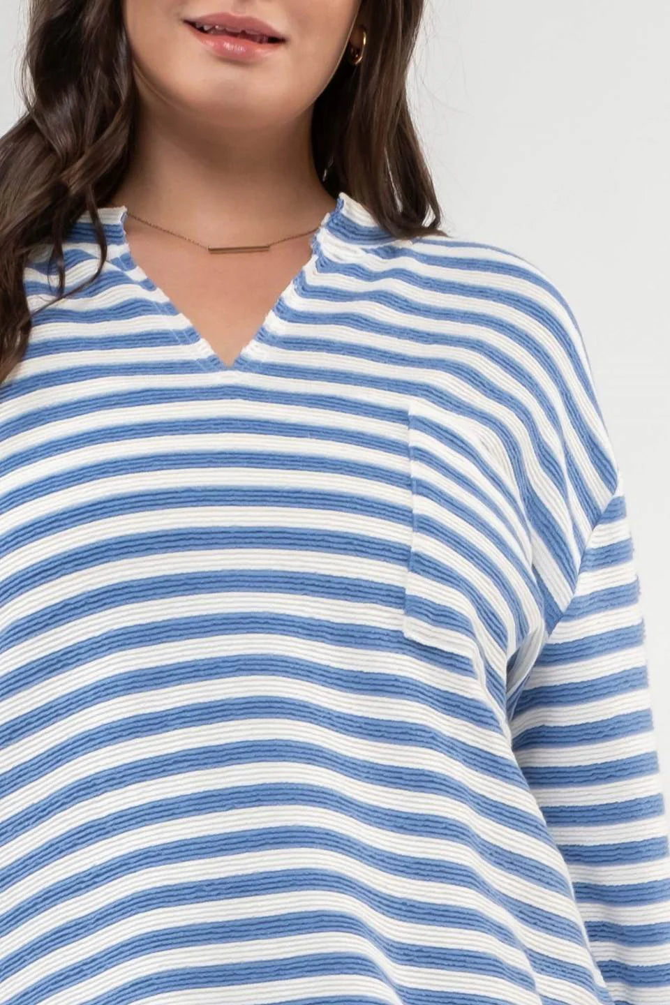 Long Sleeve Back Button Striped Top (Plus Size)