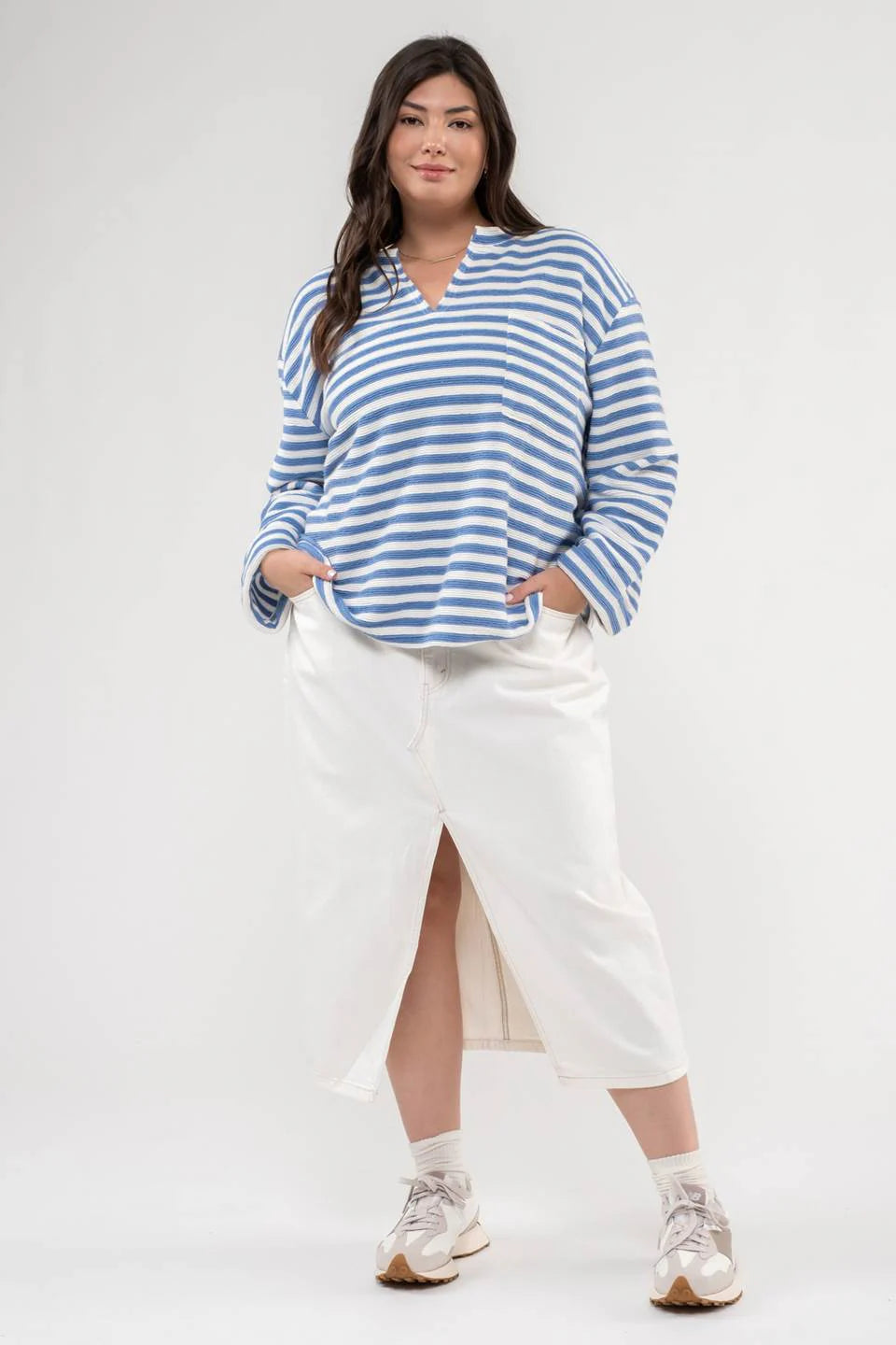 Long Sleeve Back Button Striped Top (Plus Size)