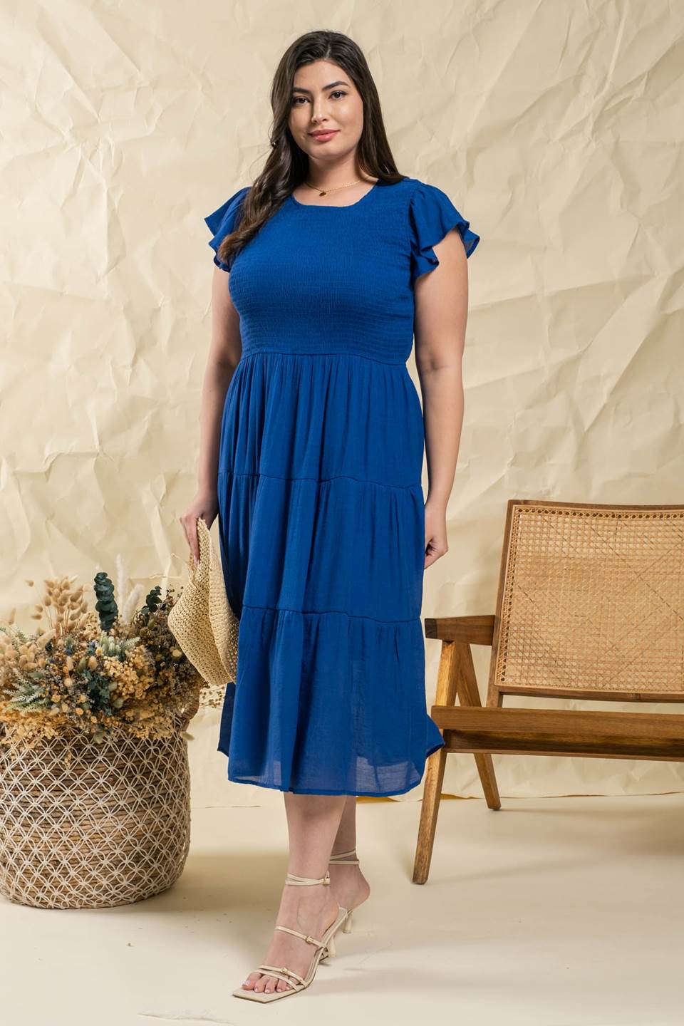 Smocked Tiered Midi Dress Plus Size Royal Blue In Pursuit