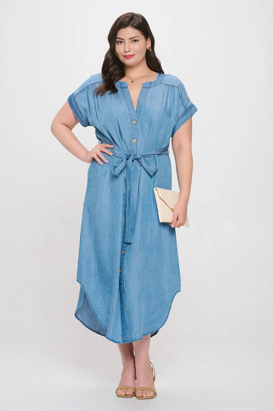 Chambray Button Down Belted Midi Dress (Plus Size)