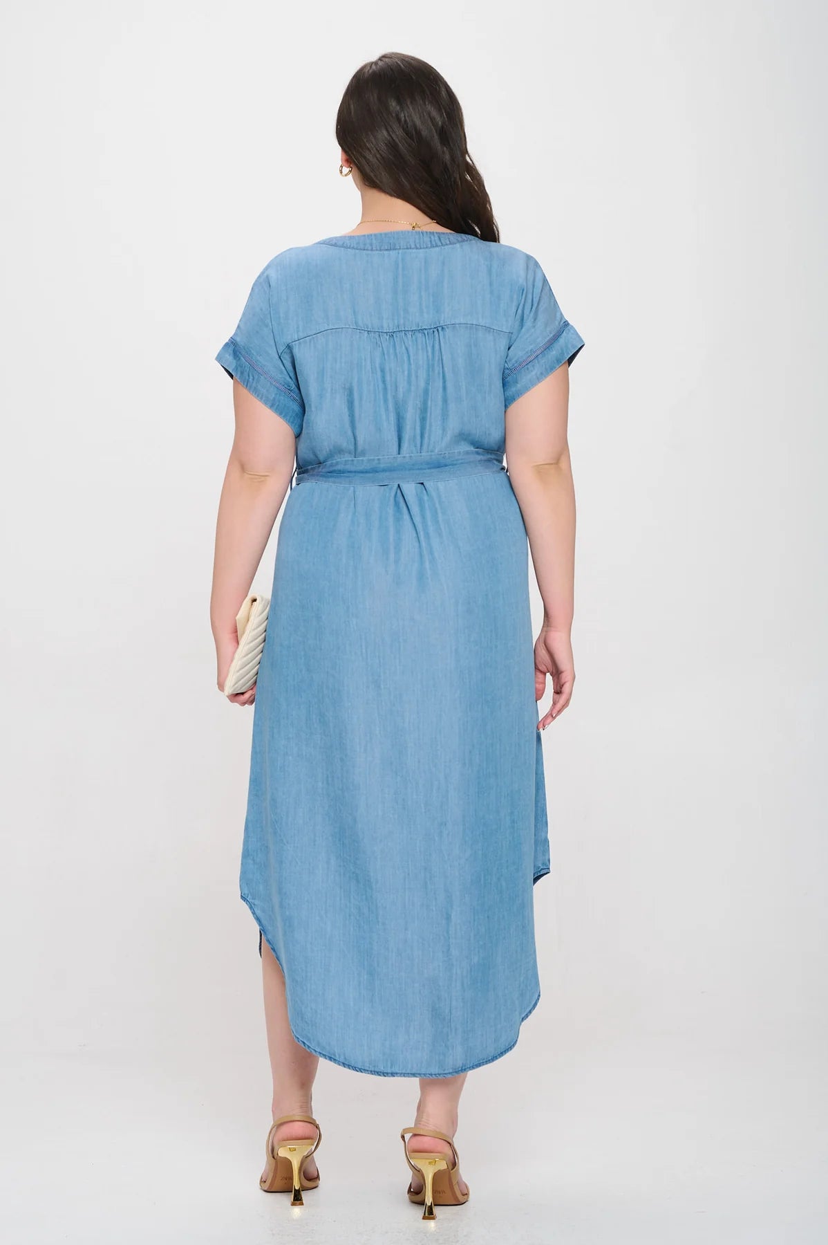 Chambray Button Down Belted Midi Dress (Plus Size)