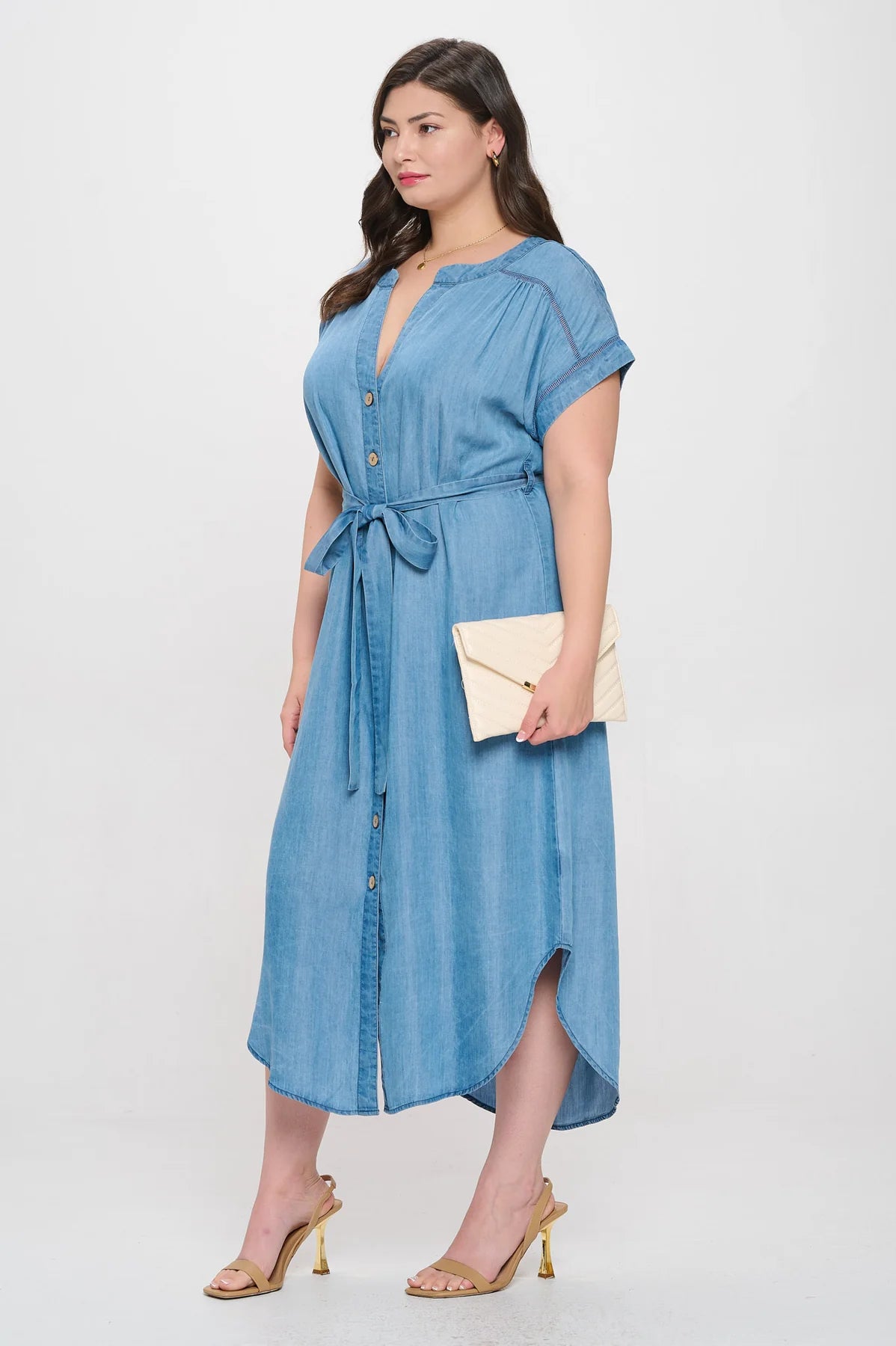 Chambray Button Down Belted Midi Dress (Plus Size)