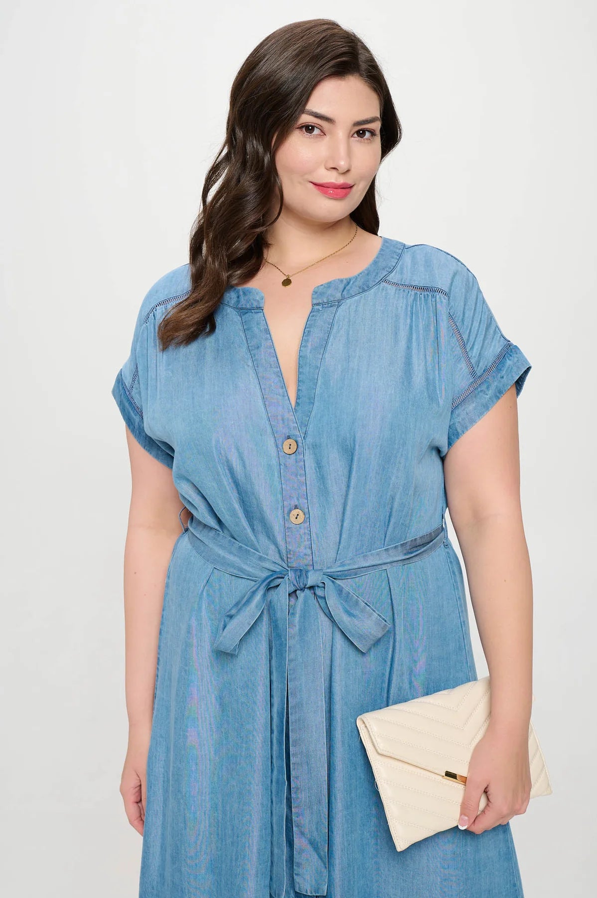 Chambray Button Down Belted Midi Dress (Plus Size)