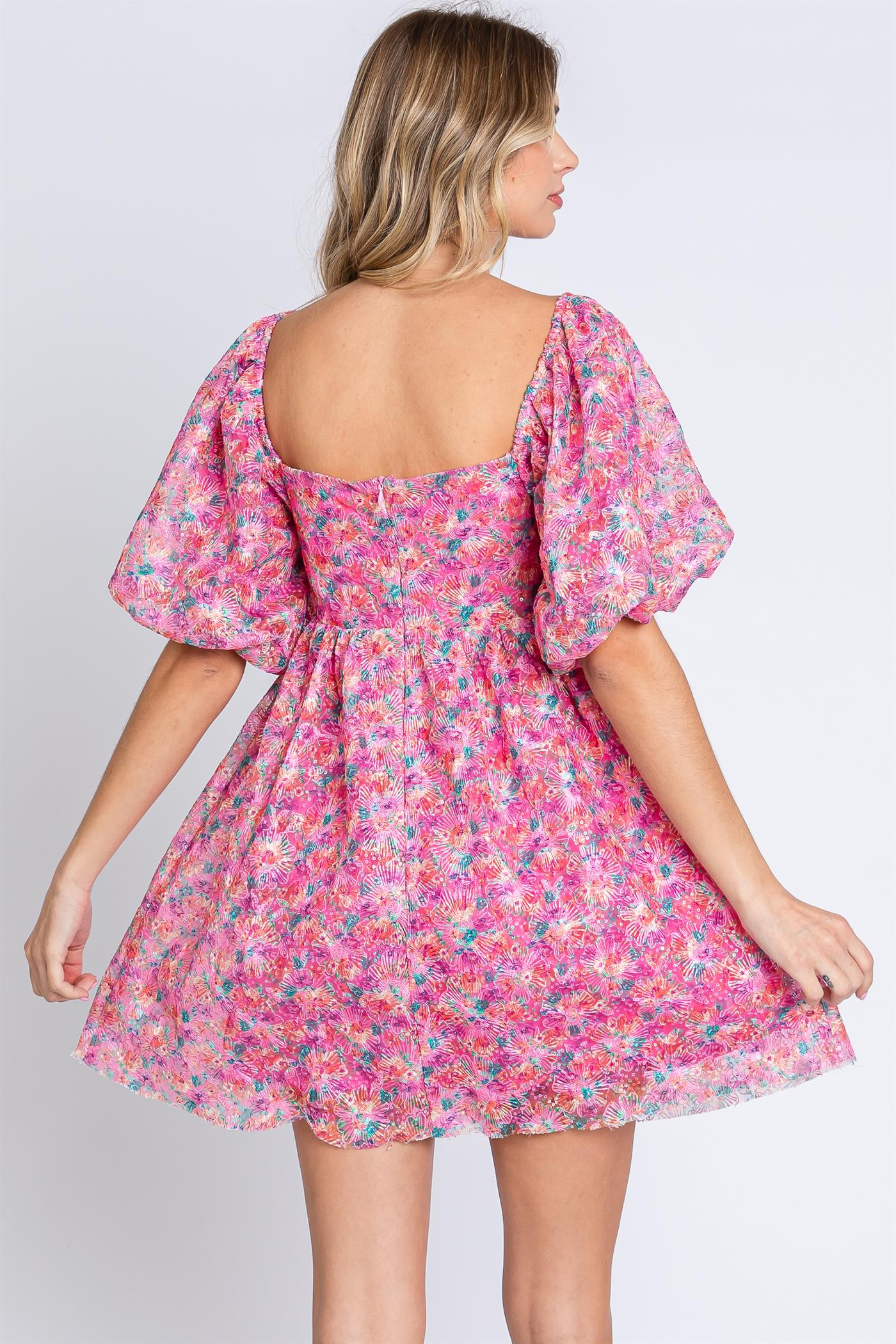 Sequin Detail Puff Sleeve Floral Embroidery Dress (Plus Size)