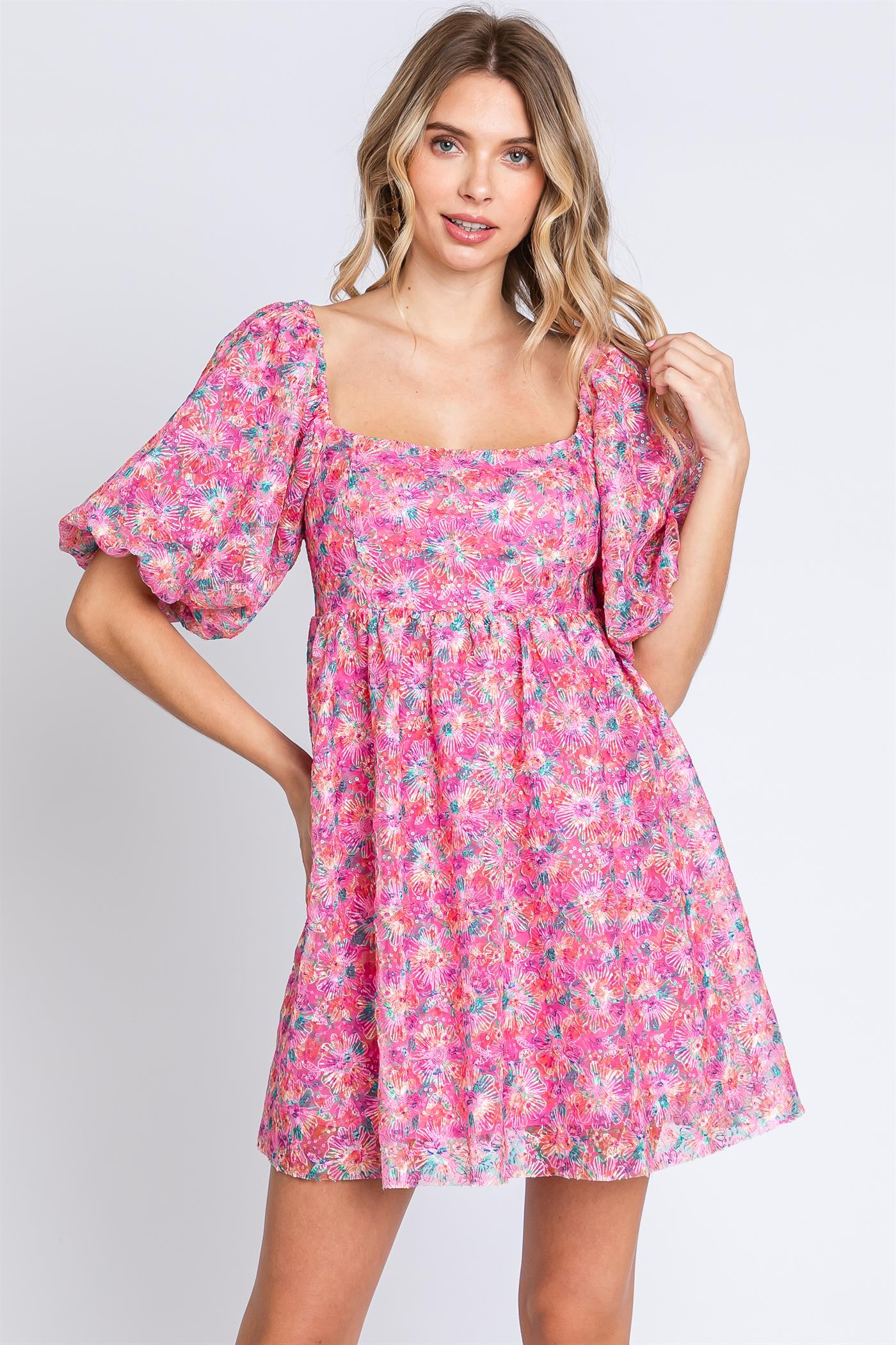 Sequin Detail Puff Sleeve Floral Embroidery Dress (Plus Size)