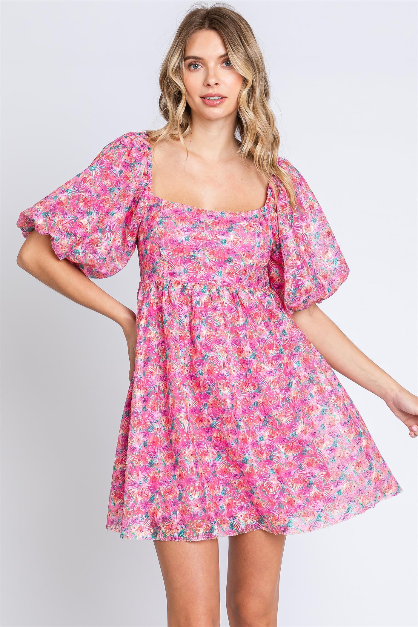 Sequin Detail Puff Sleeve Floral Embroidery Dress (Plus Size)