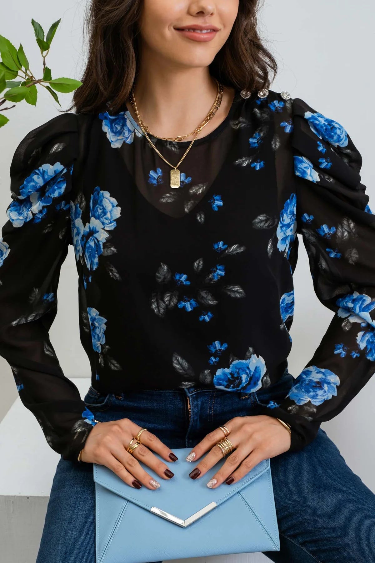 Ruched Sleeve Jewel Button Floral Blouse