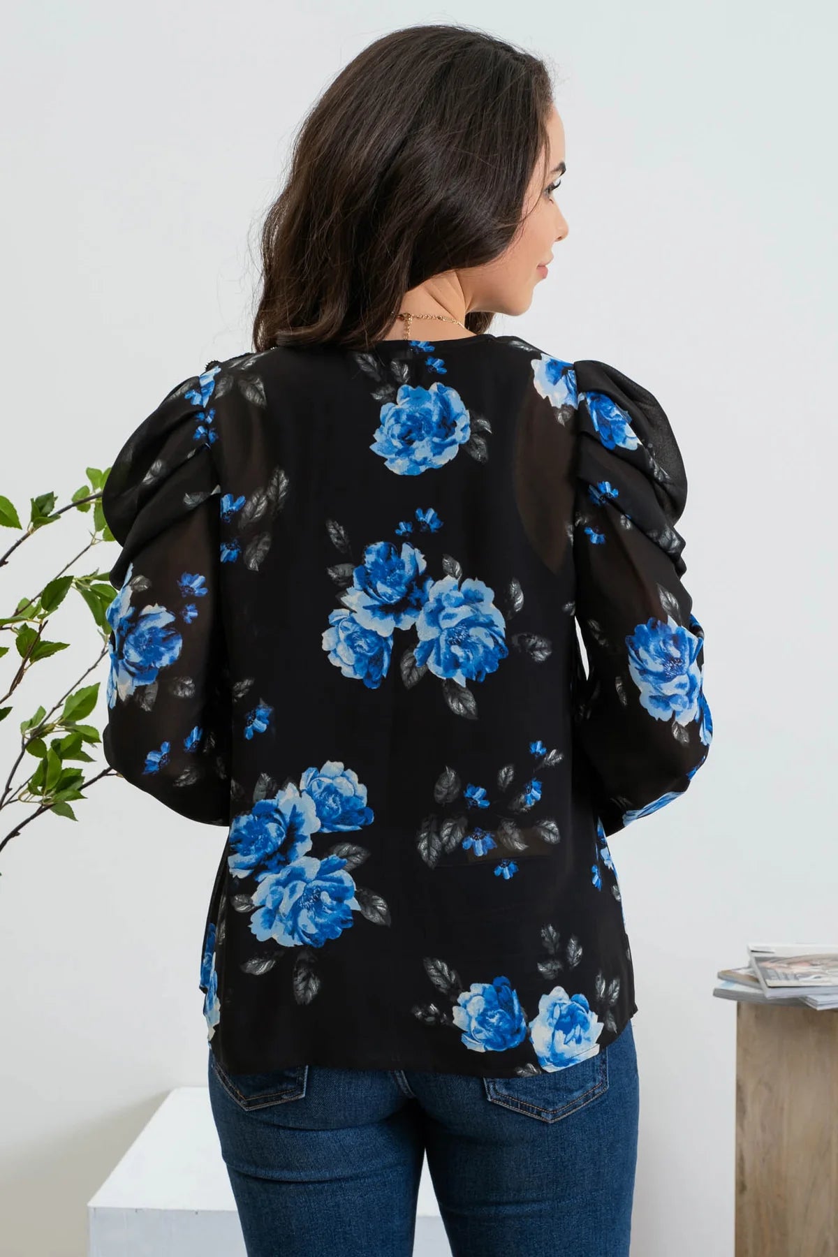 Ruched Sleeve Jewel Button Floral Blouse