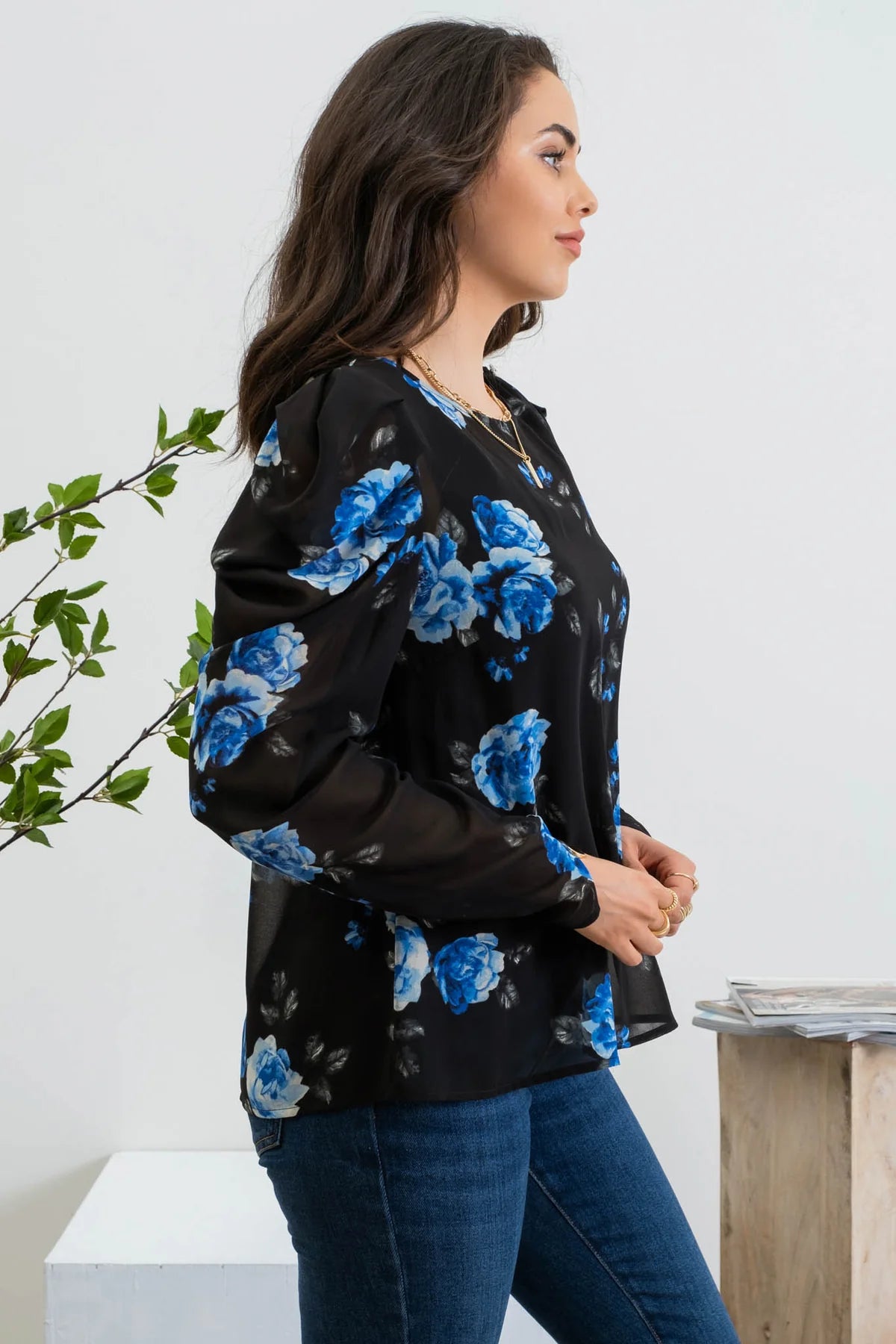 Ruched Sleeve Jewel Button Floral Blouse