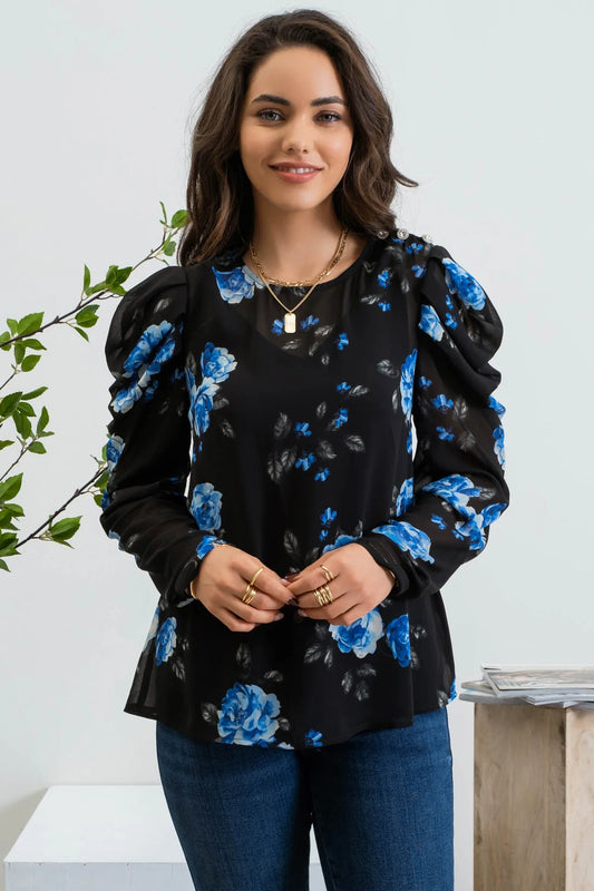 Ruched Sleeve Jewel Button Floral Blouse