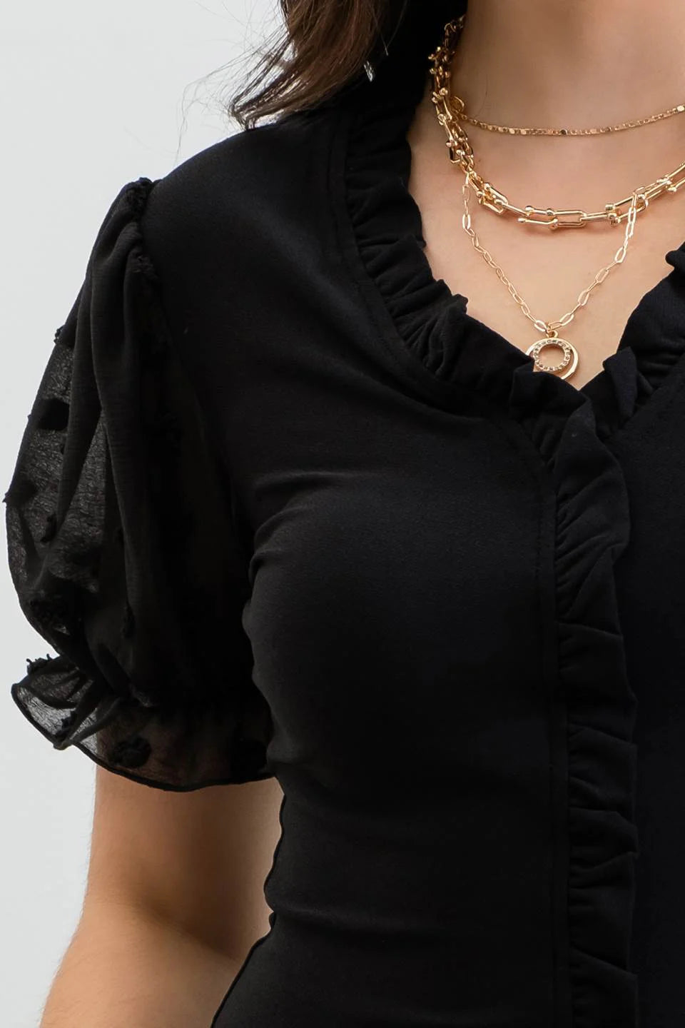 Puff Sleeve Ruffle Detail Top (Black)