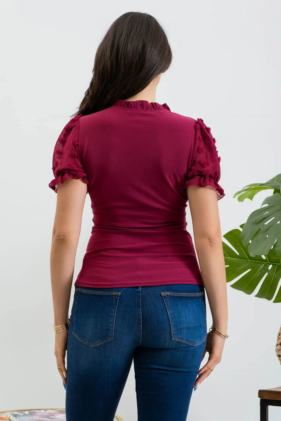 Puff Sleeve Ruffle Detail Top (Merlot)