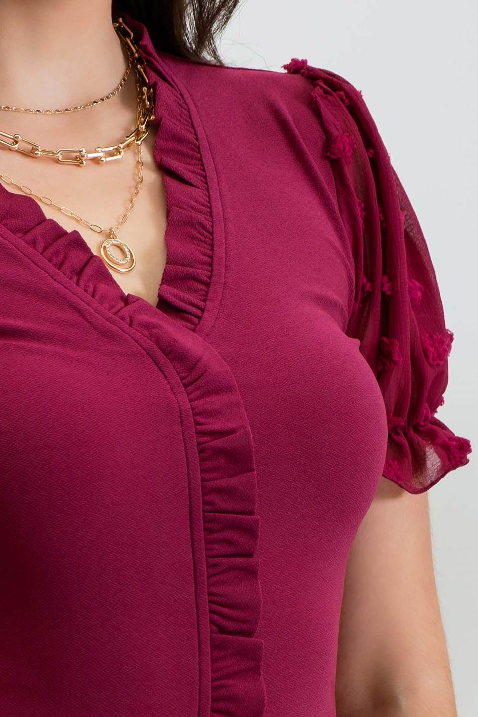 Puff Sleeve Ruffle Detail Top (Merlot)