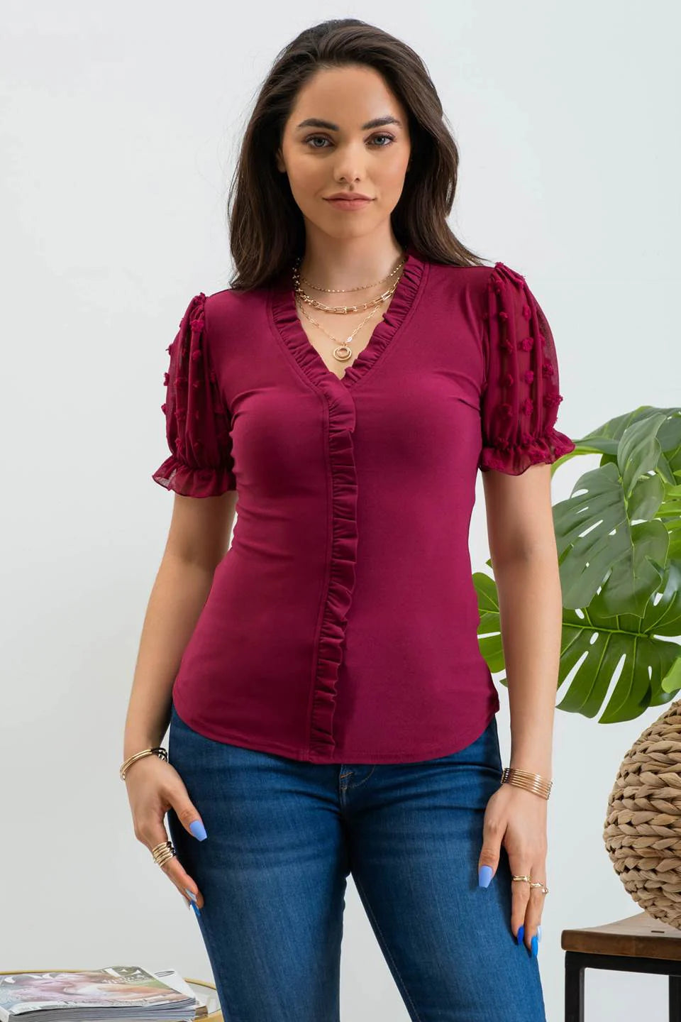 Puff Sleeve Ruffle Detail Top (Merlot)