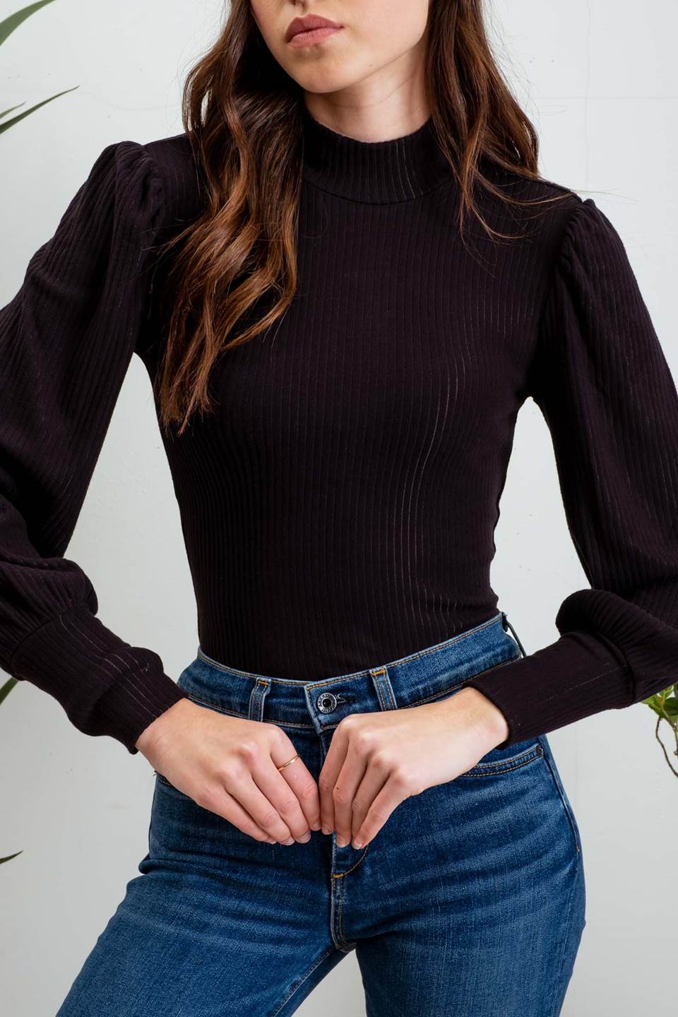 Back Button Long Sleeve Mock Neck Top (Black)