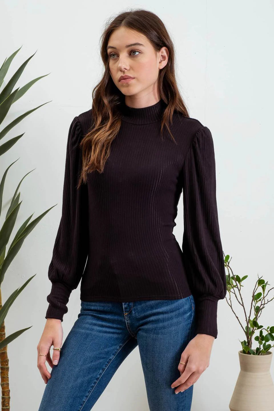 Back Button Long Sleeve Mock Neck Top (Black)