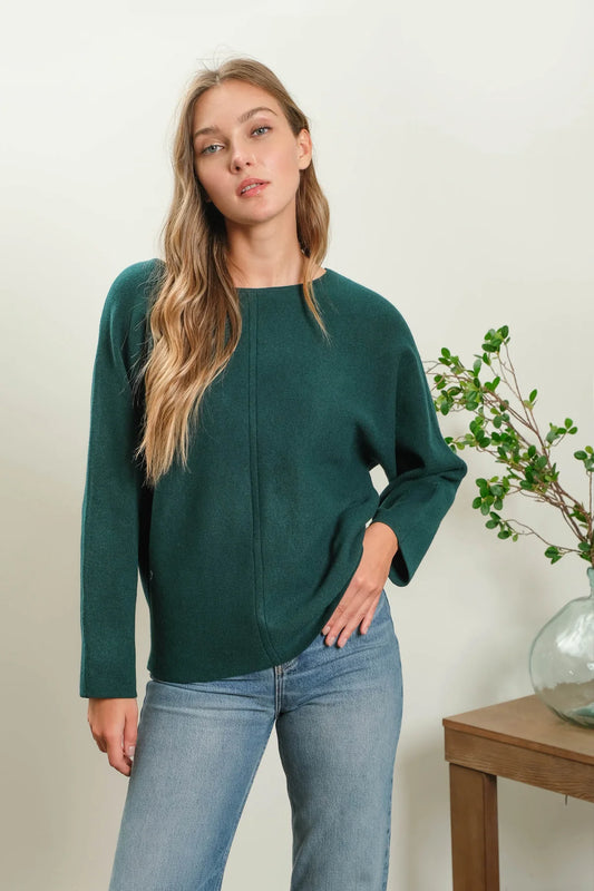 Solid Boat Neck Front Seam Knit Sweater (Hunter Green)