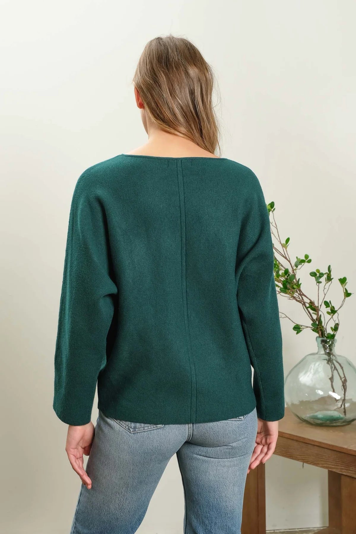 Solid Boat Neck Front Seam Knit Sweater (Hunter Green)