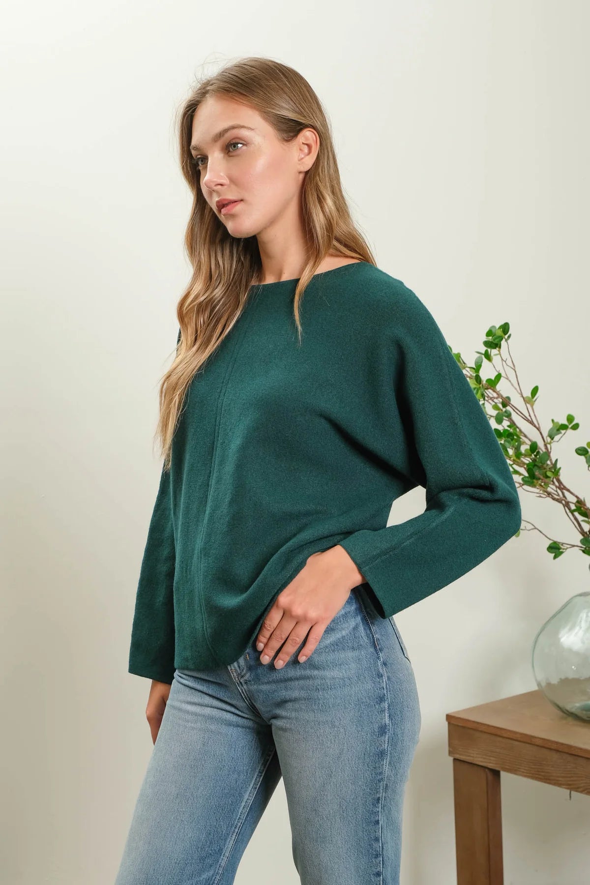 Solid Boat Neck Front Seam Knit Sweater (Hunter Green)