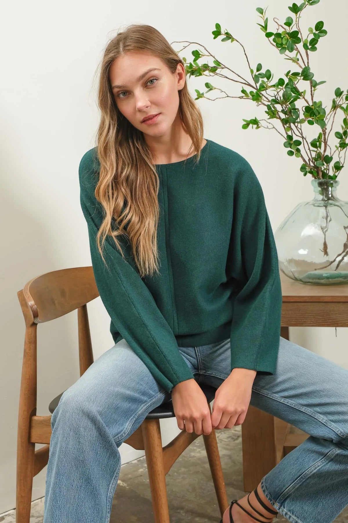 Solid Boat Neck Front Seam Knit Sweater (Hunter Green)