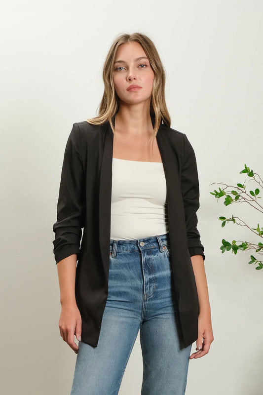 3/4 Ruched Sleeve Longline Blazer (Black)