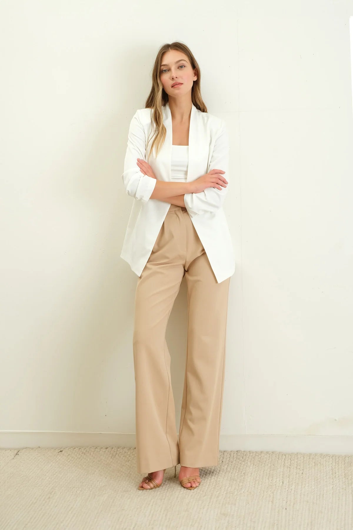 3/4 Ruched Sleeve Longline Blazer (White)