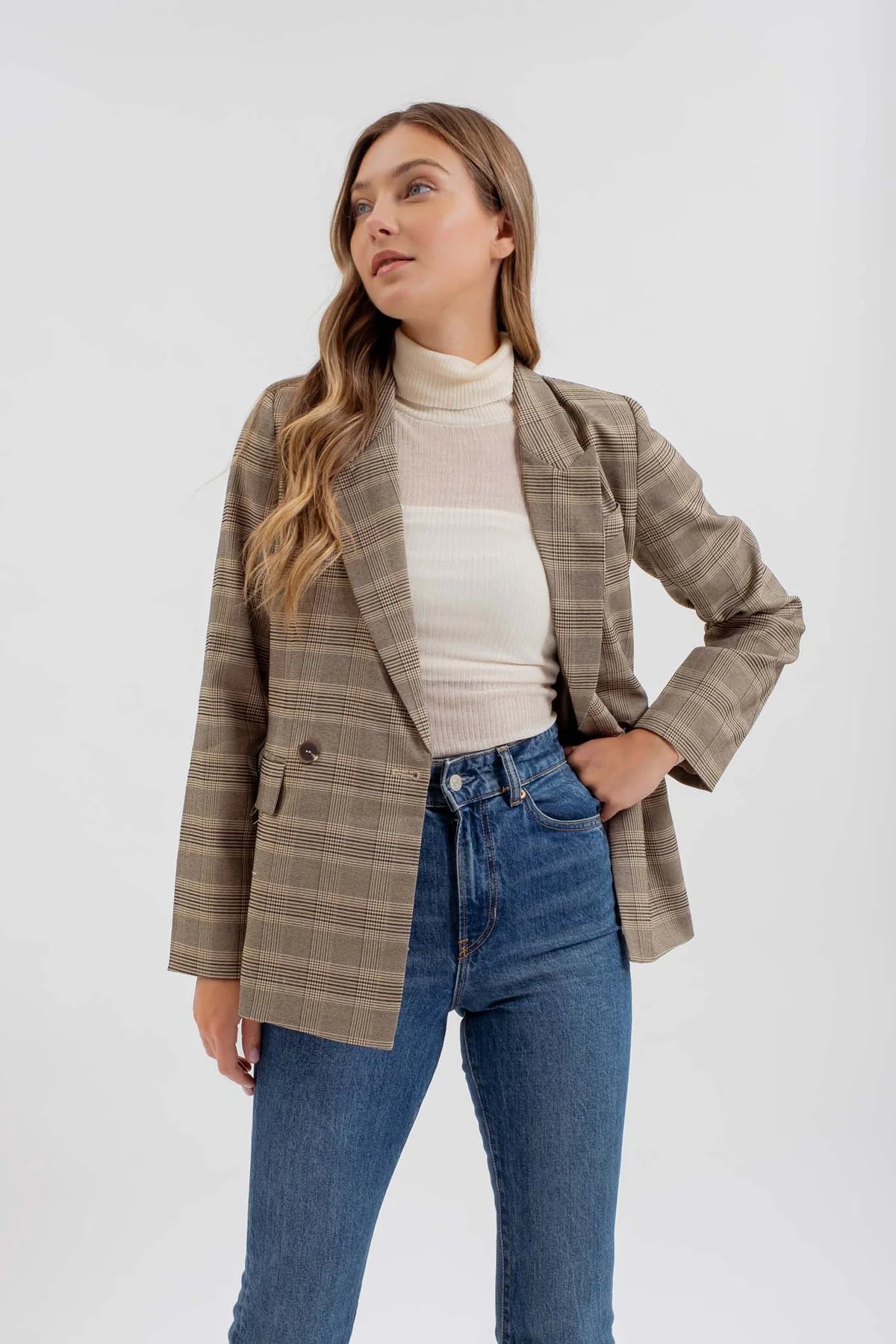 Plaid Collared Long Sleeve Blazer