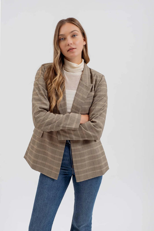 Plaid Collared Long Sleeve Blazer