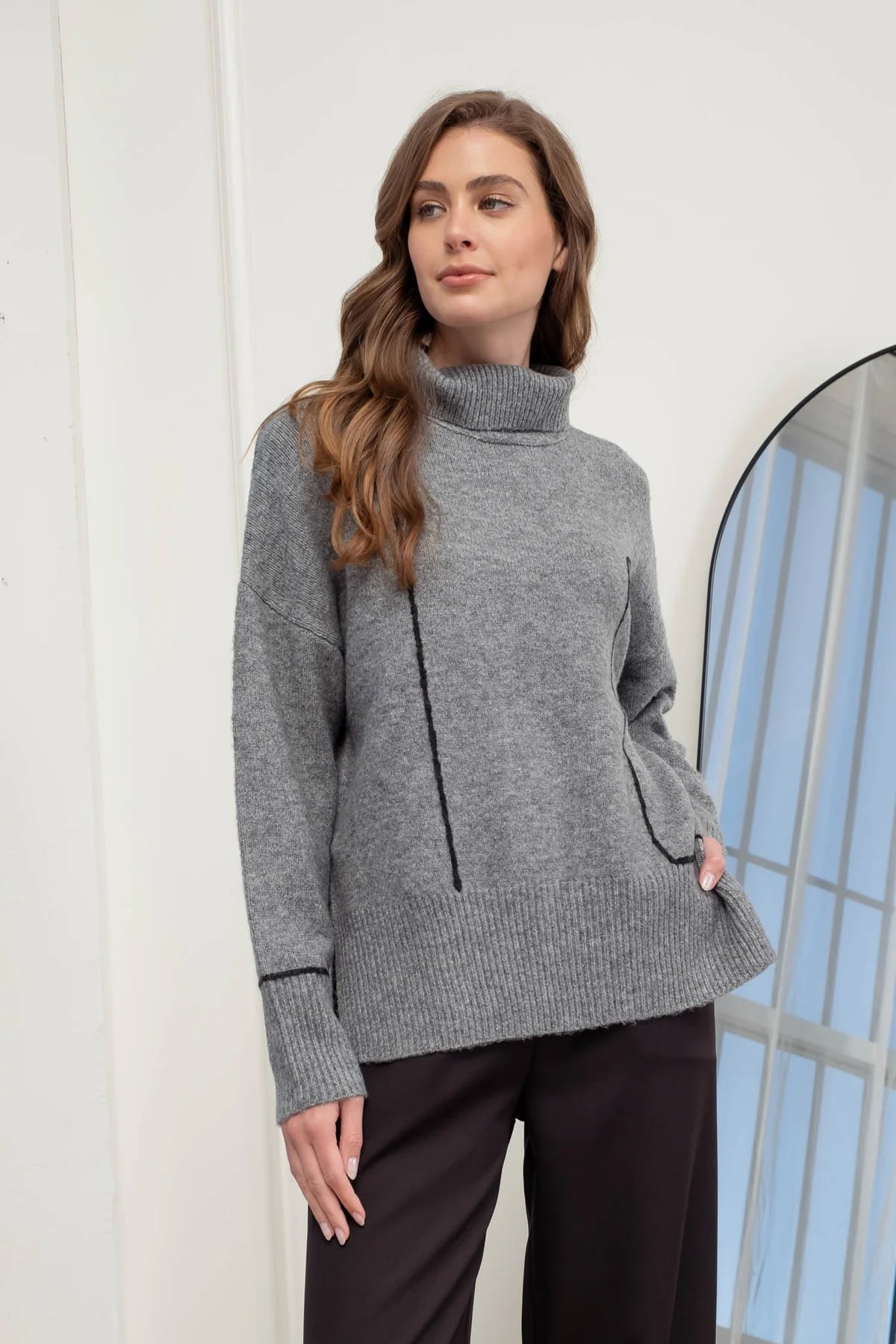 Contrast Line Detail Turtleneck (Grey)