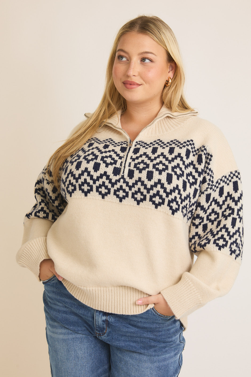 Quarter Zip Abstract Print Pullover Sweater (Plus Size)