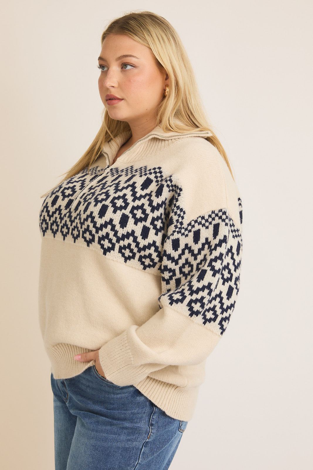 Quarter Zip Abstract Print Pullover Sweater (Plus Size)