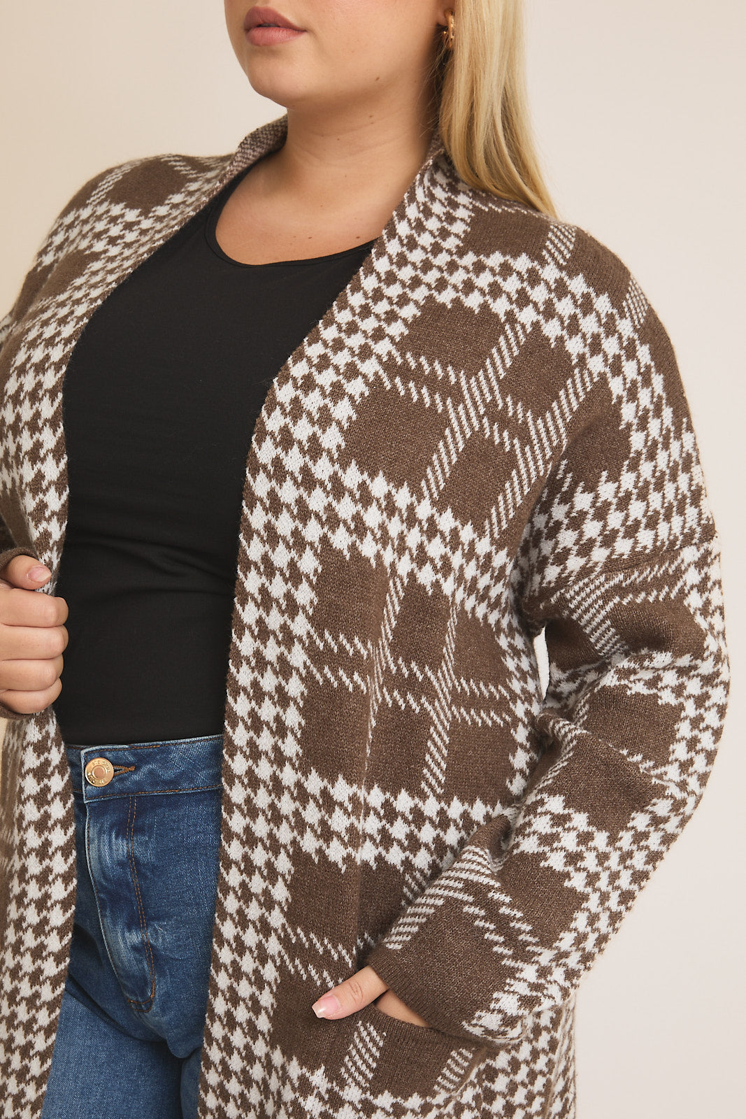 Houndstooth Open Cardigan (Plus Size)