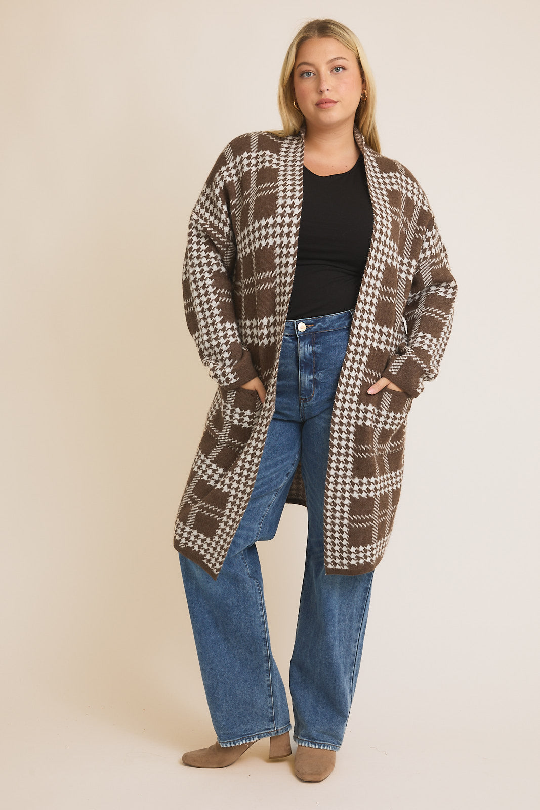 Houndstooth Open Cardigan (Plus Size)