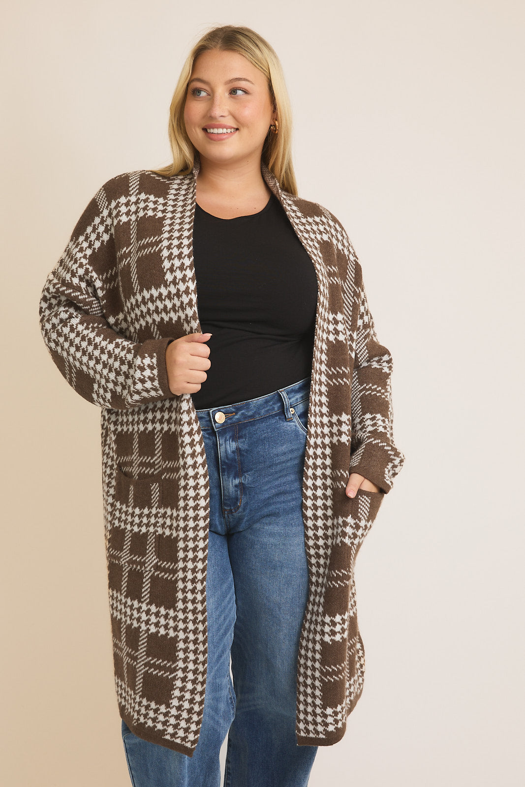 Houndstooth Open Cardigan (Plus Size)