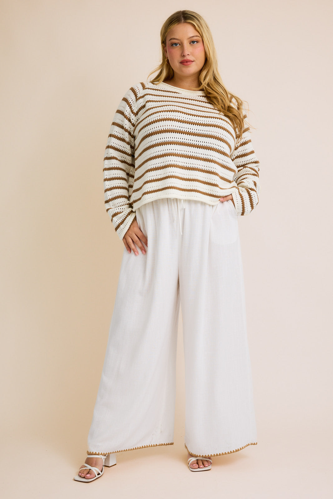 Striped Round Neck Open Knit Long Sleeve Sweater (Plus Size)